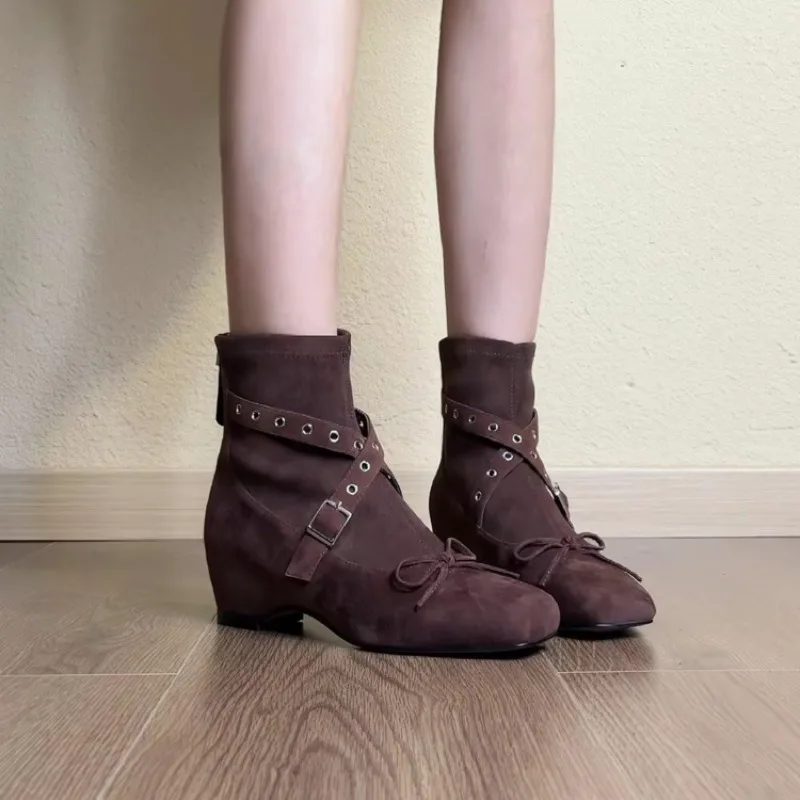 Vintage Niche Slim Ankle Boots with Built-in Height, Square Toe, Bow At The Back, and Zipper Closure