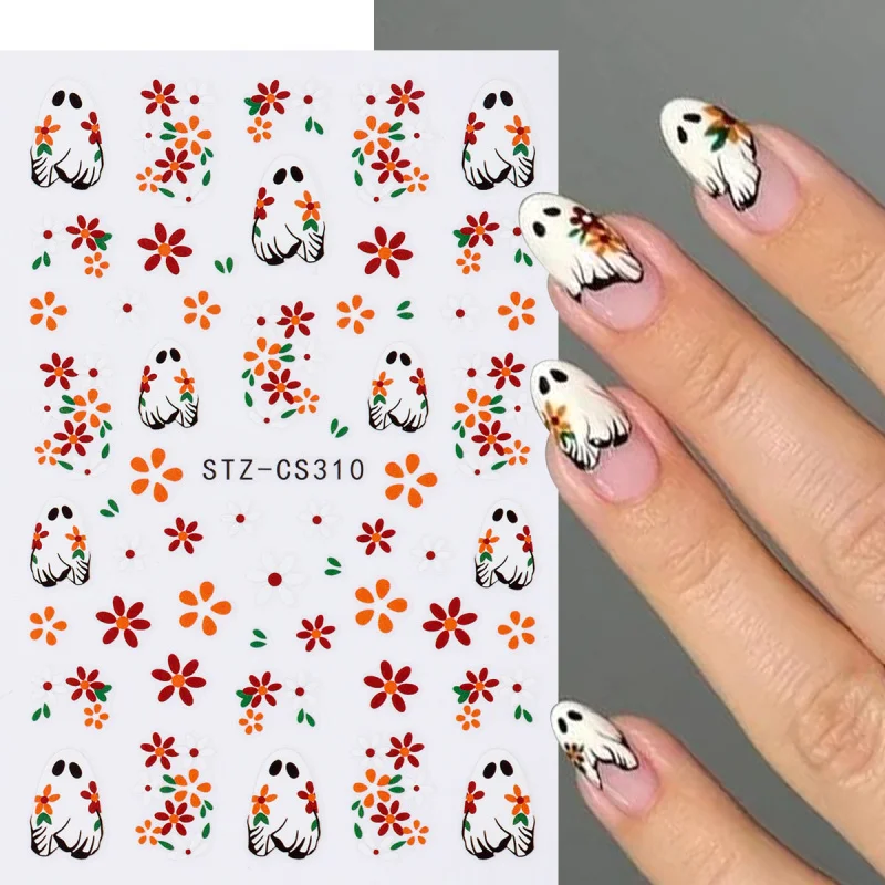 2 pezzi adesivi per nail art 3D Halloween fantasma spettrale e fiore decalcomanie autoadesive per cursori disegni simpatici cartoni animati per manicure festive