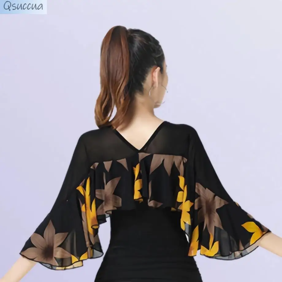 Latin Dance Tops Women's New Maple Leaf Ruffled Clothes Modern Dance Practice Clothes Professional Clothes Sleeves