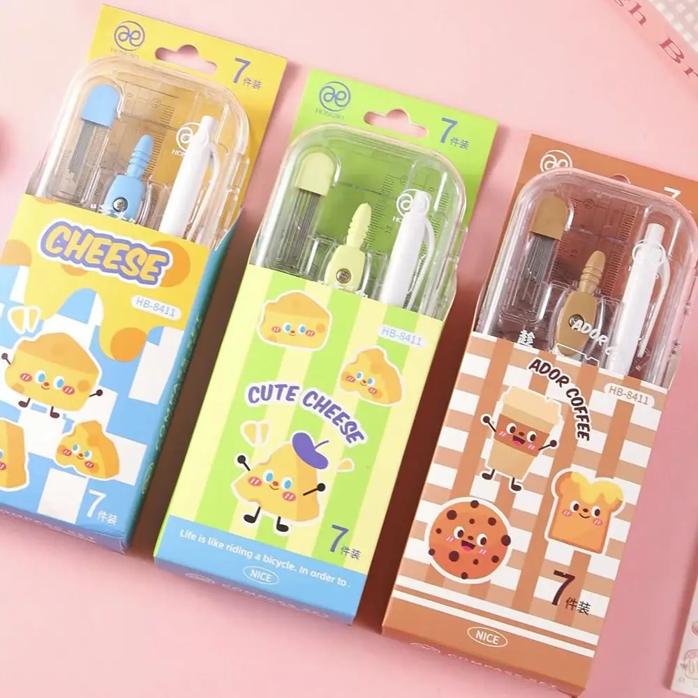 7PCS/Set Plastic Ruler Compasses Set Straight Ruler Set Square Protractor Propelling Pencil Stationery Ruler Set School Office