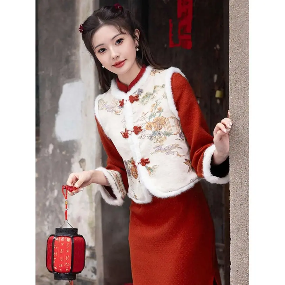 

Новый традиционный китайский костюм для молодых женщин: утепленный комплект из флиса, красный, для зимних праздников и Нового года