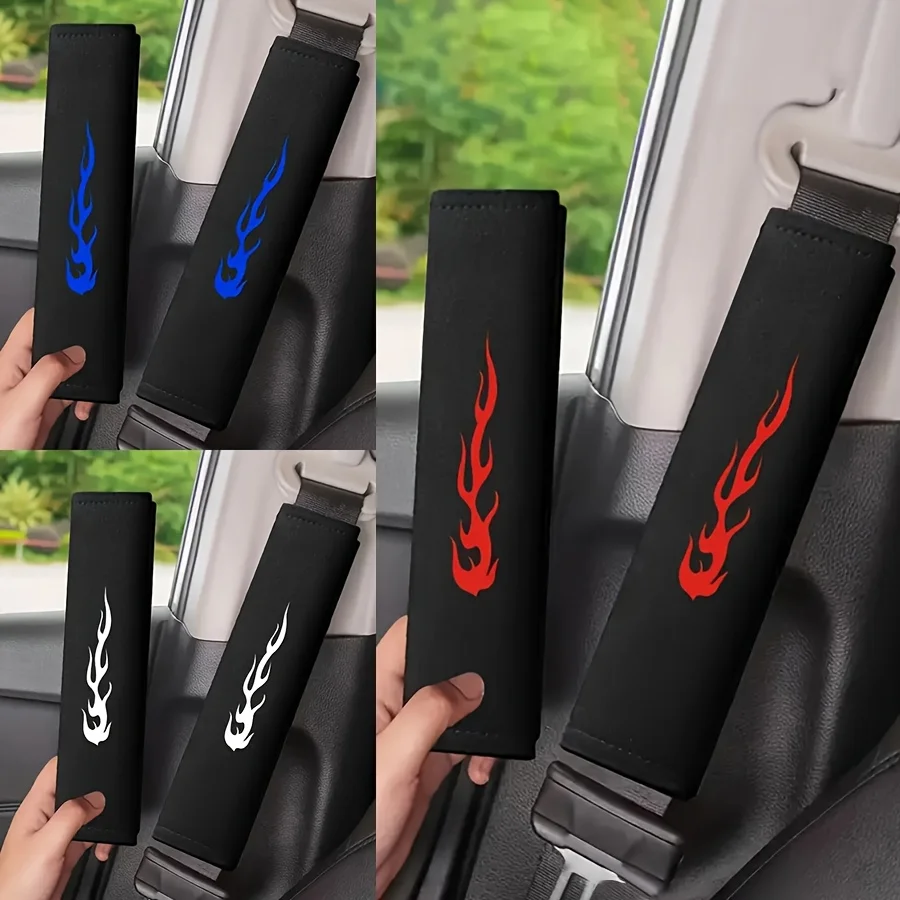 x2 Flame Embroidered Seat Belt Shoulder Cover Soft Breathable Adjustable Universal Car Interior Protective Pad Driving Accessory