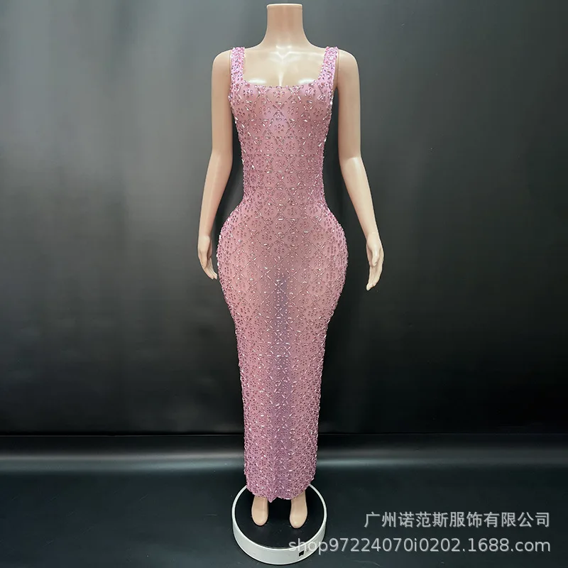 Sexy laag uitgesneden glanzende strass temperament hoogtransparante jurk jaarlijkse bijeenkomst waardige sfeer gastheer jurk model catwalk
