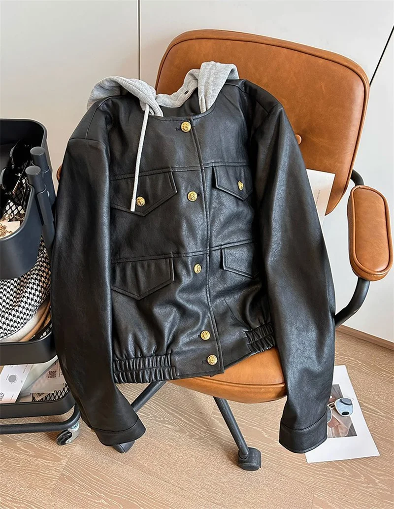 Veste en cuir PU à capuche pour femme, robe de moto occidentale, haut décontracté pour femme, beau look rétro, mince, printemps, nouveau, 2024