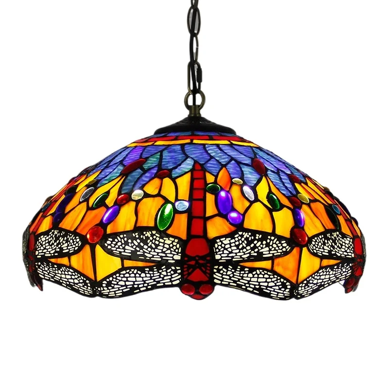 16 인치 20 인치 레트로 티파니 블루 잠자리 스테인드 글라스 펜던트 조명 현대 디자인 룸 매달려 Resturant Led 펜던트 램프