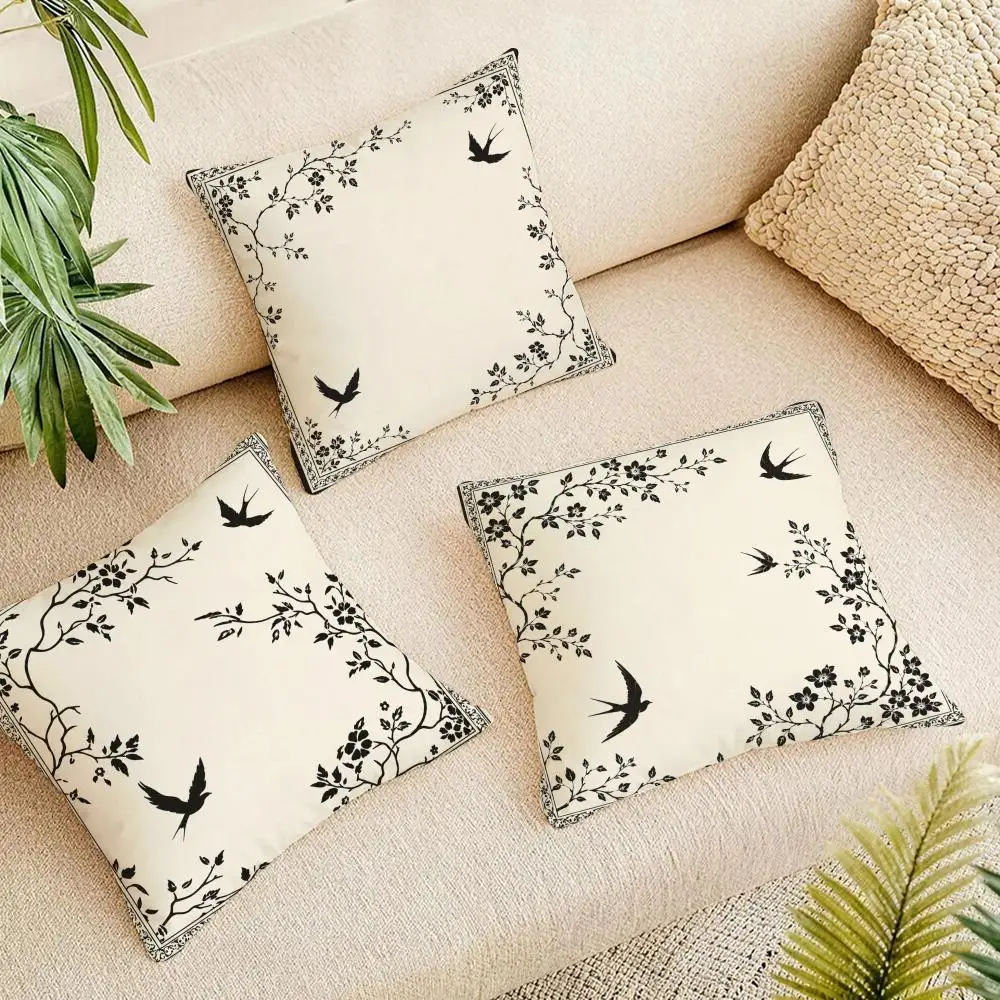 Botanical Bird Silhouettes Cushion Cover Summer Coolness Linen Organic Fabric Sofa Pillow Case Double-Sided Printing Home Decor