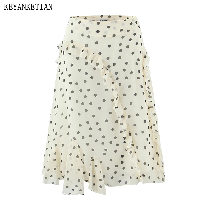 

Новая женская юбка KEYANKETIAN: весенняя, в стиле ретро, с асимметричным подолом и принтом в горошек, повседневная, А-силуэт