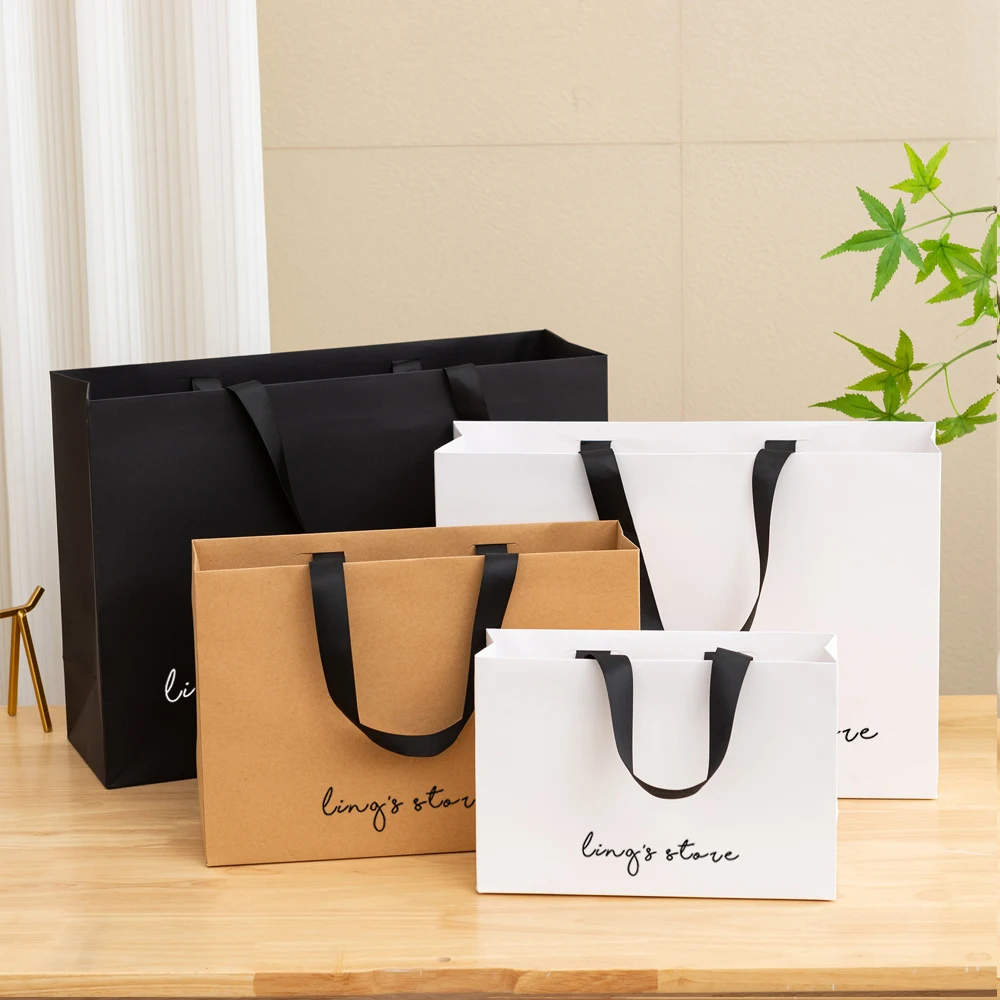 

Personalized Logo Paper Shopping Tote Jewelry Bag With Black Ribbon Gift Packaging Makeup Daily Use Carry Boutique Handle Pouch