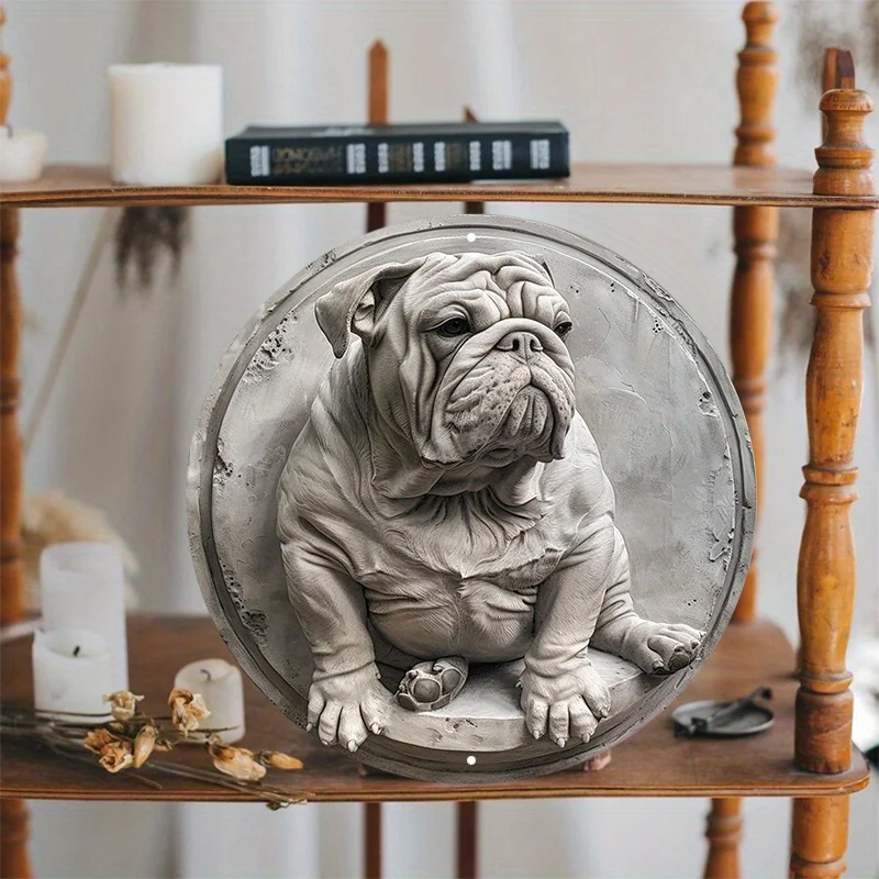 English Bulldog Statue Aluminum Metal Sign, Round, Waterproof Wall Decor, Predrilled Holes, Weather Resistant, Door Hanger Decor