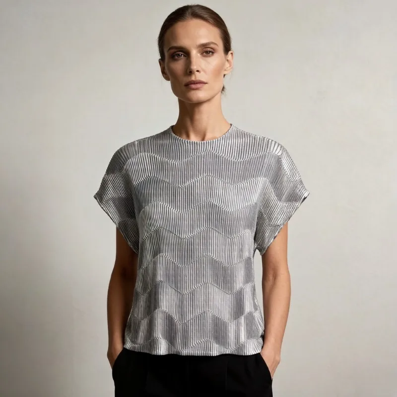 

Miyake Pleated T-Shirt Plisse Simple Solid Color 2026 Summer New Elegant T-Shirt Satin Embossed Casual Versatile Fold Top Women
