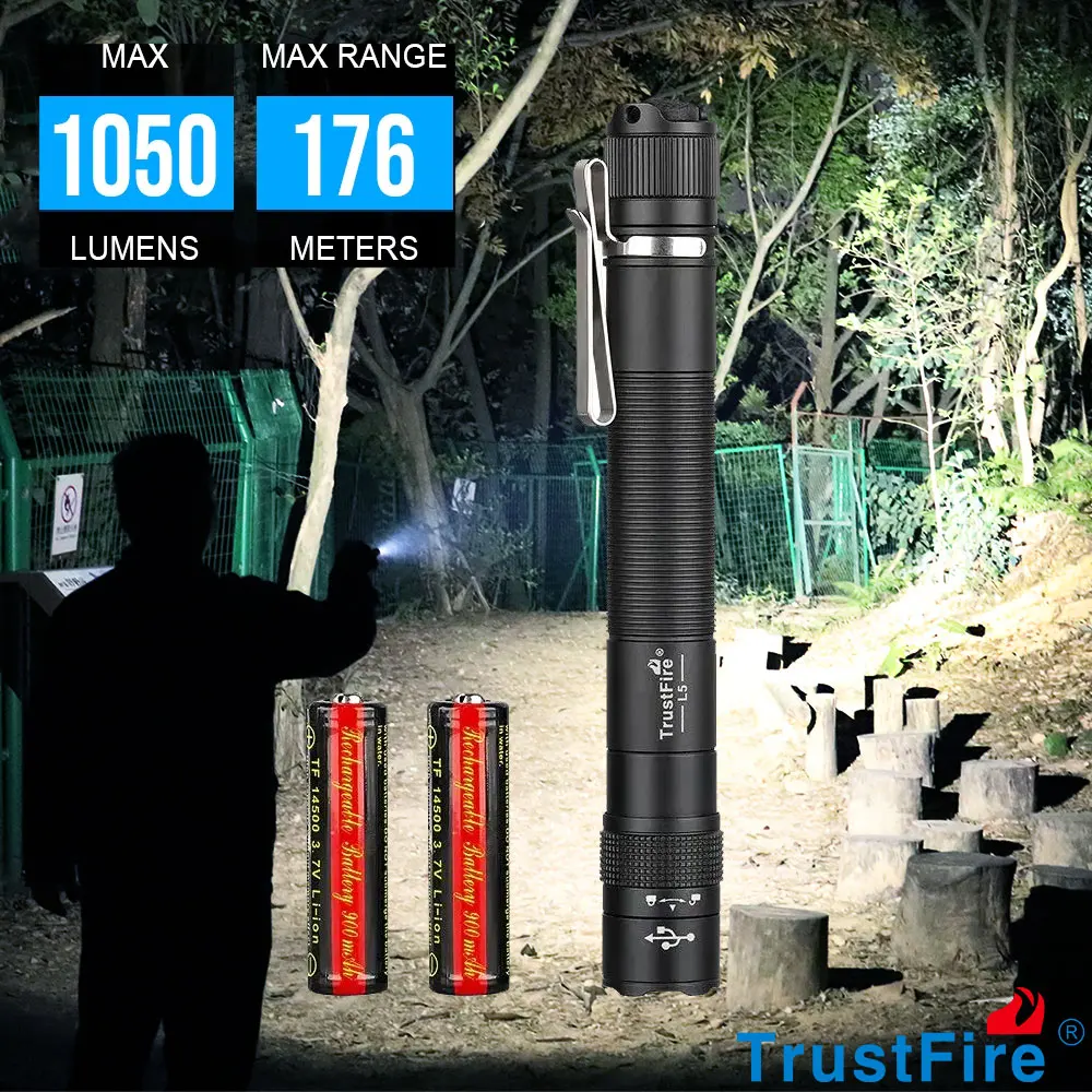 TrustFire L5 Tactical Flashlight 1050 Lumens USB Rechargeable LED Torch IPX6 Waterproof 18650 Battery Powerful Camping Hunting Emergency Light Outdoor Self-Defense EDC Flashlight