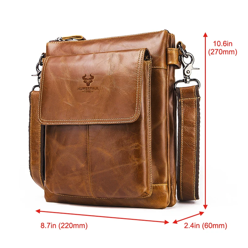 HUMERPAUL Genuine Leather Men\'s Shoulder Bag Vintage Cross Bags Large Capacity Male Messenger Tote Bag Travel Bolso Hombres