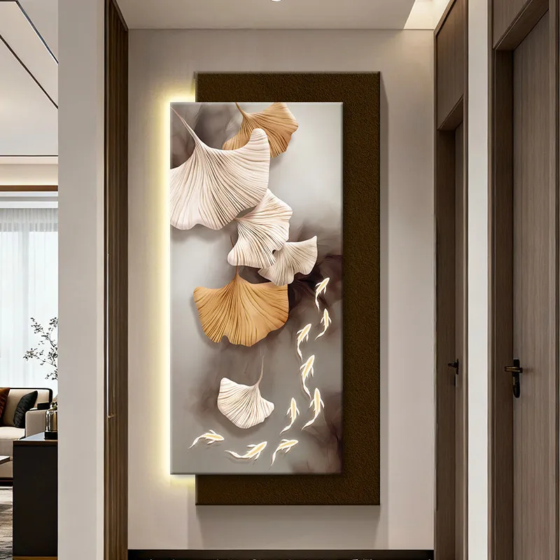 Light Luxury Ginkgo Biloba Porch Decorative Painting Hydroponic Green Plants Nine Fish Picture With Lamp Painting Sandstone Pain
