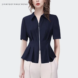 French Style Women' Short Sleeve Turn-down Collar Blue Zip-up Shirt Elegant Slim Tunic Tops 2023 Summer Office Ladies Blouses