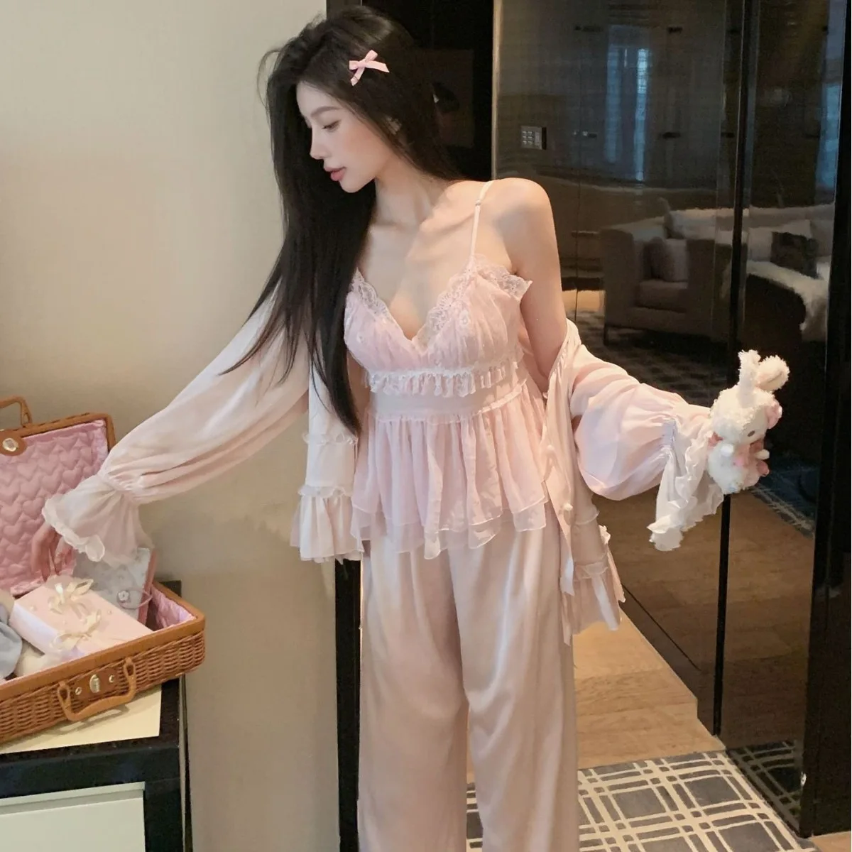 4pcs Women Sweet Pure Desire Ice Silk Lace Camisole Sleepwear Set Summer Four Piece Pajamas with Shorts and Long Gown Homewear