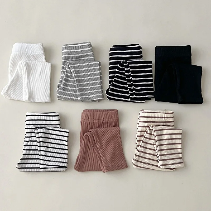 Girls\' pants 2024 new baby solid color striped leggings children\'s elastic tight pants versatile Korean casual pants