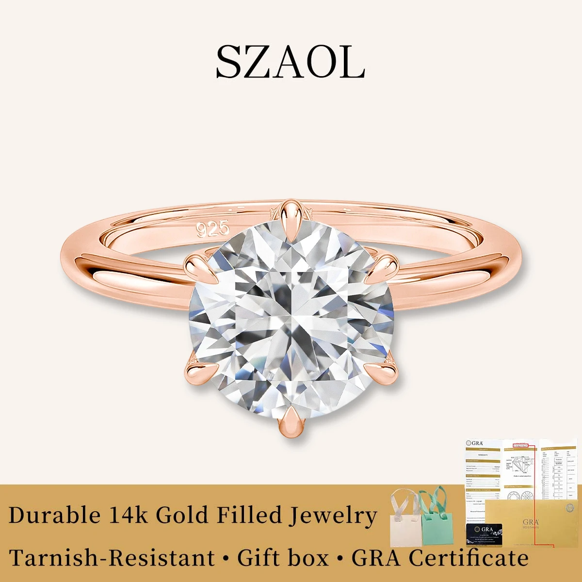 

Сертифицированное кольцо с муассанитом 1, 2, 3 карата D VVS, 14K позолоченное, с 6 крапанами, классическое солитерное, для помолвки/обещания, ювелирное украшение для женщин