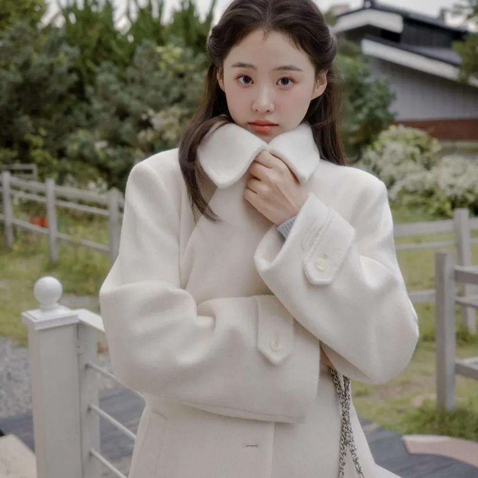 Chic Korean Style Woolen Coat with Waist-Cinching Belt Single Button Placket Long Sleeve Mid-Length Coat for Women