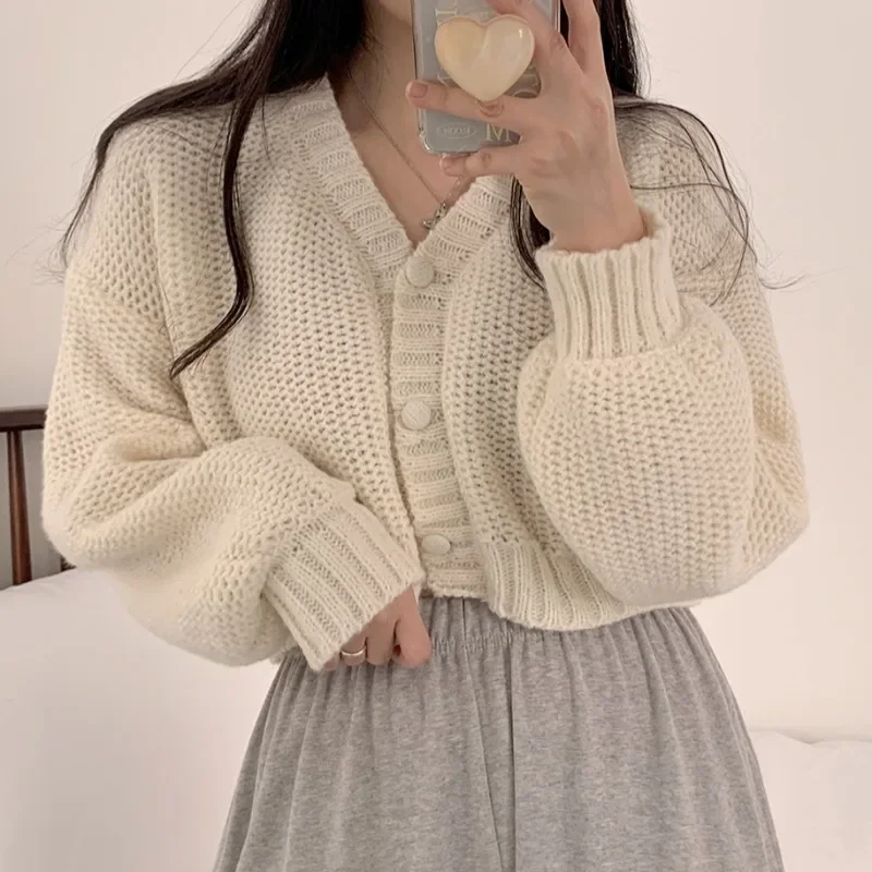 Short Knitted Cardigan Sweet Korean V Neck Lantern Sleeve Sweaters for Women Fall Wild Simple Cropped Pink  Coat