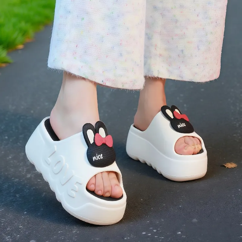 

Fashion Platform 6.5 cm Slippers for Women Cute Bunny Bow Soft EVA Non Slip Slides Open Toe Beach Shoes Summer Rabbit Slippers