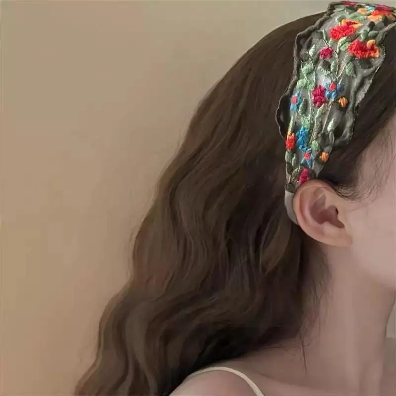 Beliebtes besticktes Blumen-Tüll-Stirnband für Damen – Vintage-Böhmisches Haarband-Accessoire – Detail 12