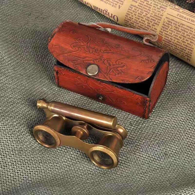Retro Brass Double Barrel Telescope European Maritime Style Home Decoration Ornament with Leather Cover