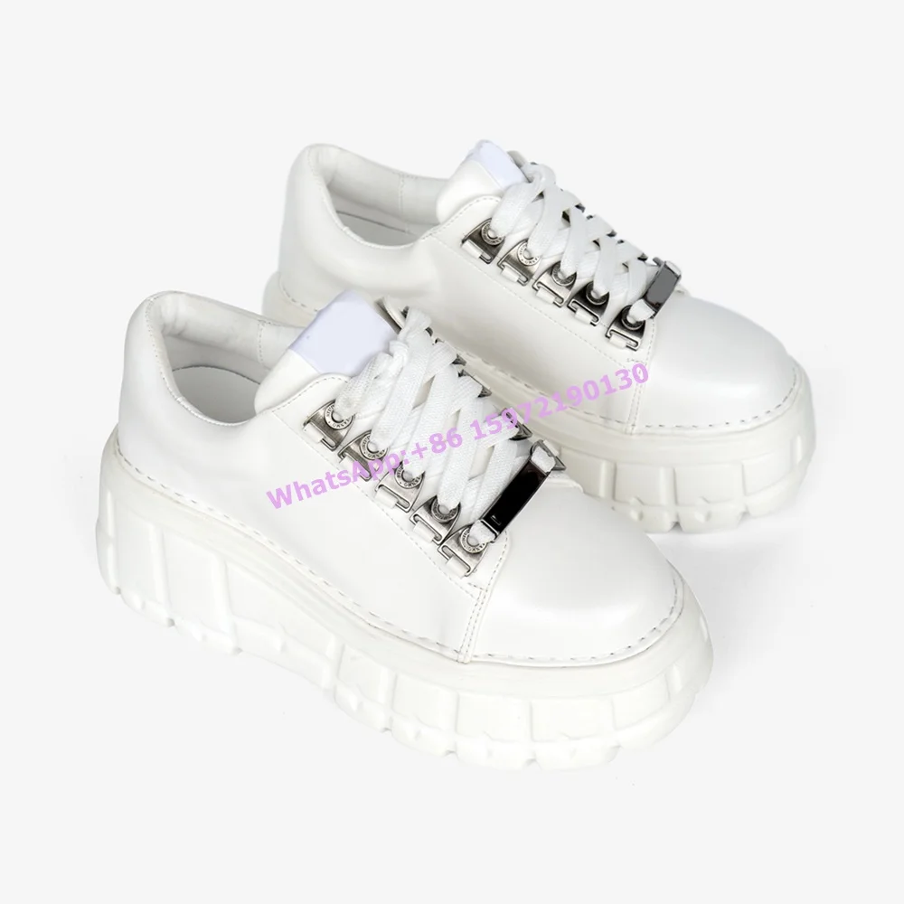 Thick Soled Metal Decoration Pumps Lace Up Black Leather Dark Punk Round Toe Thick Soled Shoes Winter Women's Platform Shoes
