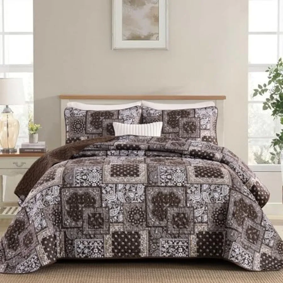 

Patchwork Quilt Set Size3 Pieces Boho Paisley Quilt Set Farmhouse Bedspread Soft Microfiber Bedding Set for All Season 96"x90