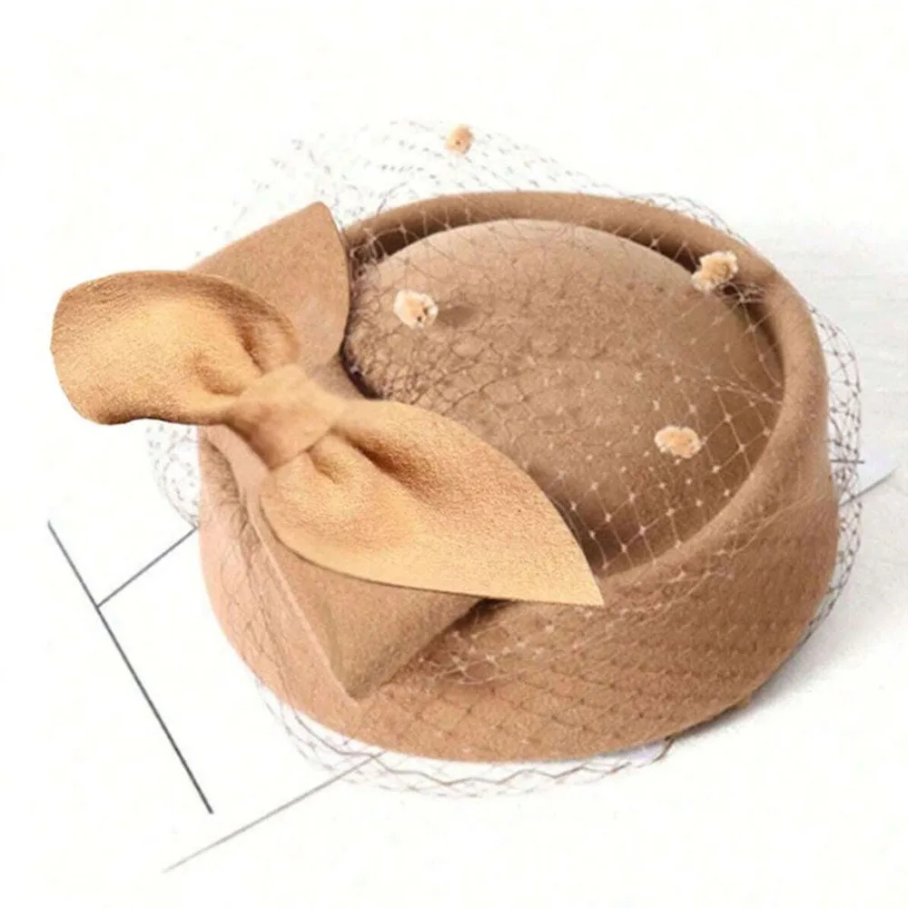 Trendy British Style Wool Bow Hat with Veil Elegant Sweet Pillbox Hat Cashmere Photography Decoration Fascinator Hat Dinner