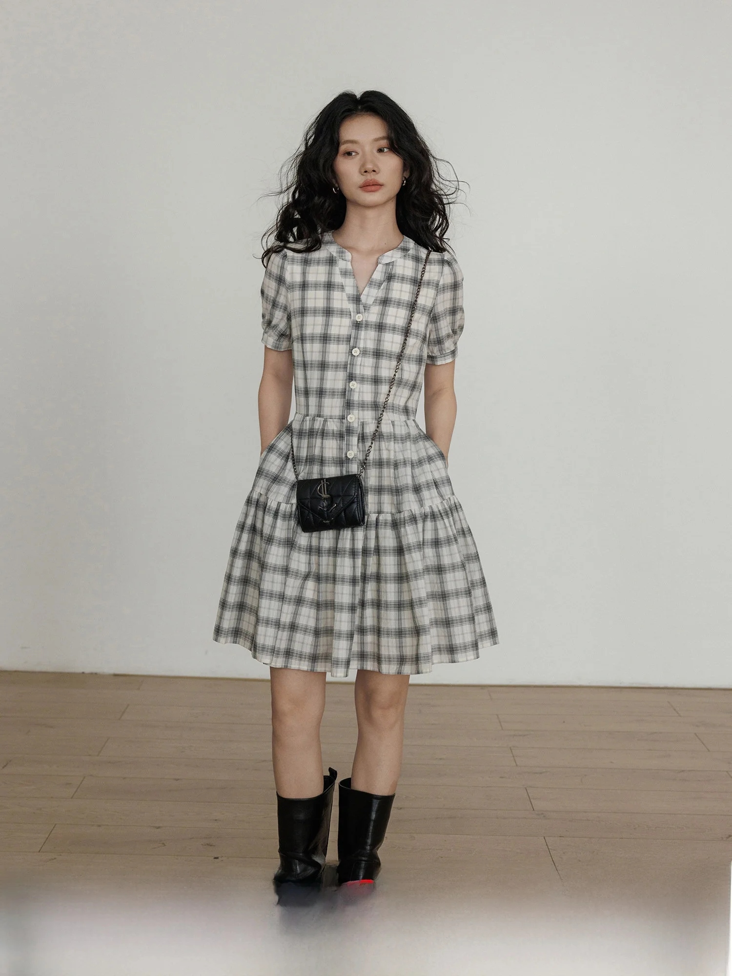 

Vastand Summer Slimming Plaid irt Dr V-Ne ort Sve High Waist A-Line Casual Retro Women's Dr Ci Commute