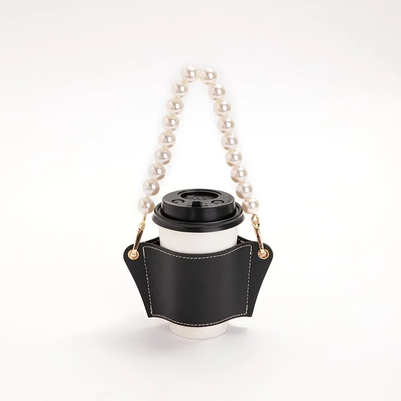 Removable Pearl Chain Cup Holder PU Leather Travel Eco-friendly Drink Case Bag Coffee  Bottle Covers Insulated Tea Cup Holder