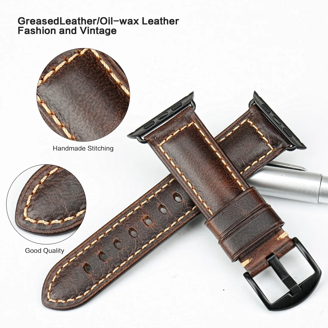 MAIKES Watch Accessories For Apple Watch Band 45mm 44mm Greasedleather Watchband for IWatch Strap 41mm 38mm Seriei 7/6/5/4/2 Se