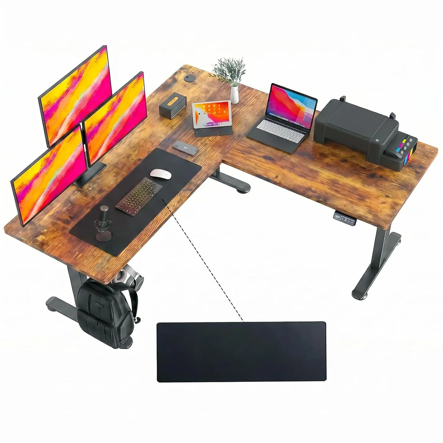 L Shaped Electric Standing Desk 63x55 Inch Corner Computer Workstation with Mouse Pad & Headphone Hook, Customized