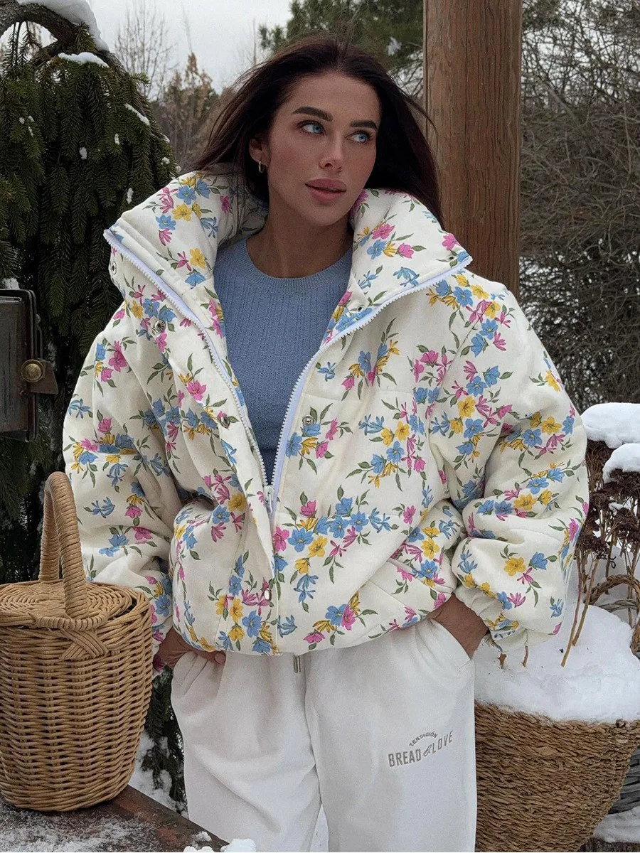 Bornladies nueva chaqueta acolchada para mujer cuello levantado cierre de cremallera estampado Floral abrigo relleno de algodón cálido de gran tamaño Otoño Invierno