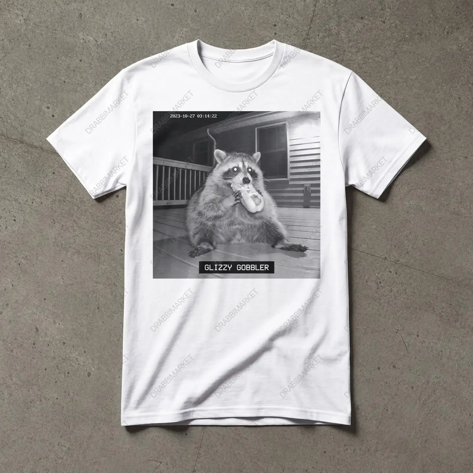 Glizzy Gobbler Waschbär-Meme-T-Shirt, lustiger Hot-Dog-Sicherheitskamera-Druck, Weirdcore, Gen Z, lässig, Vintage, gewaschen, Herren, Stretch