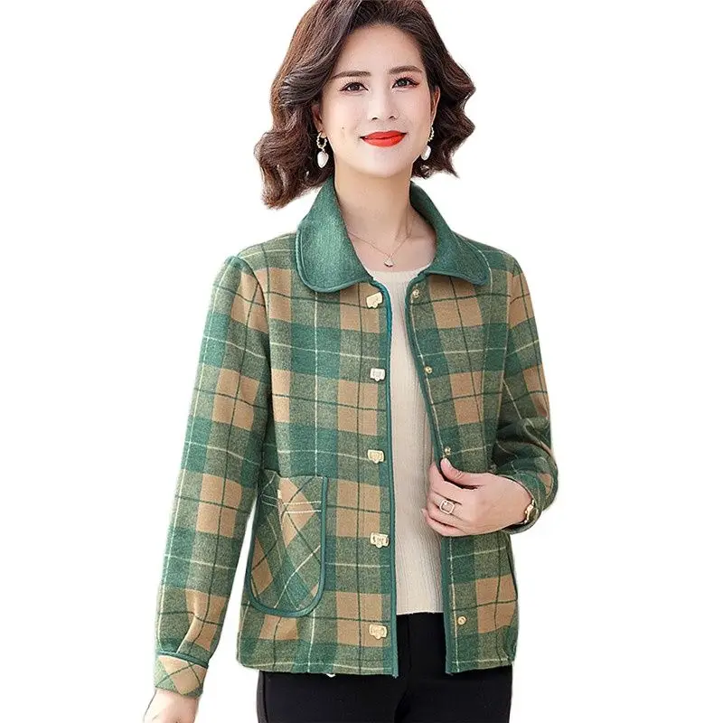 

Spring Autumn Short Woolen Jacket Women 2023 New Loose Lapel Check Coat Single-Breasted Outerwear Fashion Pocket Overcoat Female