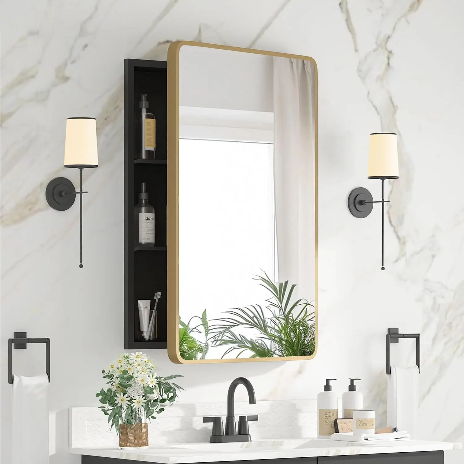 Medicine Cabinet 20 x 28 Inch, Brush Gold Bathroom Medicine Cabinet with Mirror,Metal Beveled Mirror, Adjustable Shelves, Recess