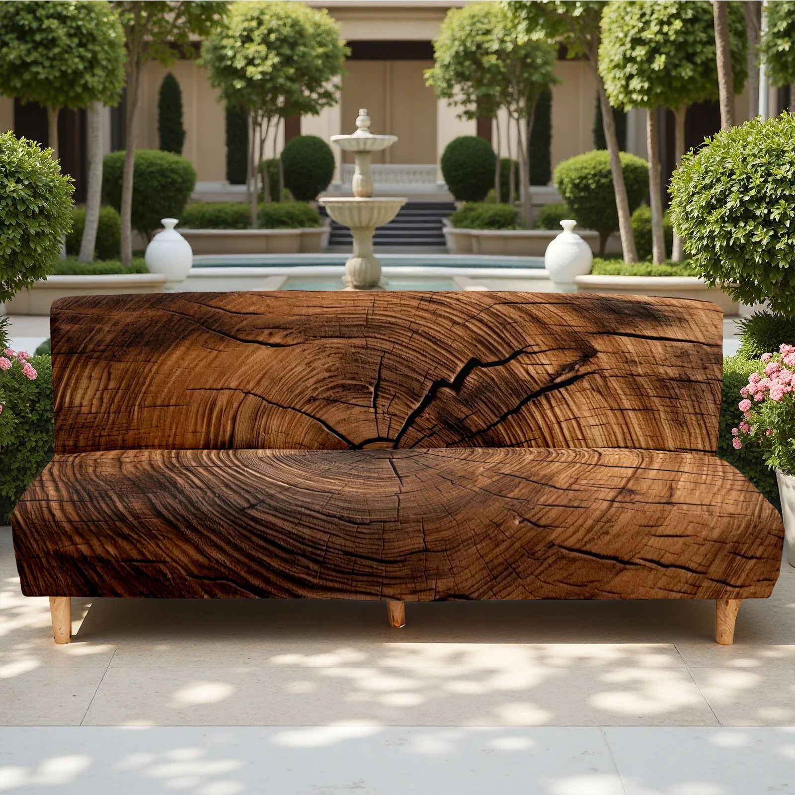 Rustic Wood Grain Summer Outdoor Sofa Bed Cover, Elastic All - inclusive Couch Slipcover, Suitable for Garden