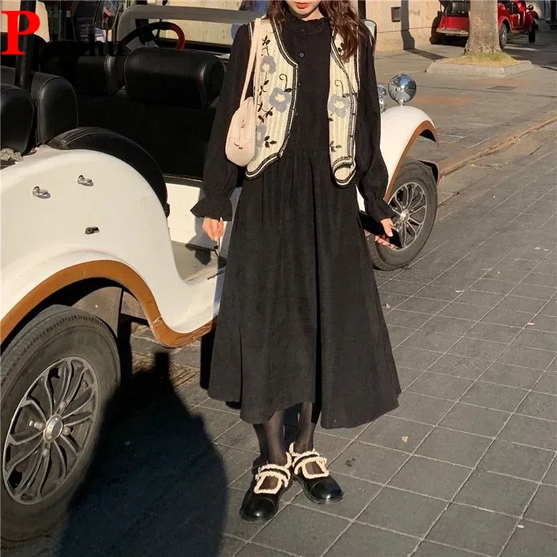 

Fall Winter Warm Dress Women 2 Piece Set Casual Elegant Bottoming Dresses Ensembles Floral Embroider Knit Vest Vintage Outfits