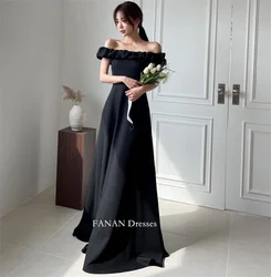 FANAN Floor Length Black Evening Party Dresses Korea Satin Off the Shoulder Ruffles Wedding Women Formal Gowns Event Prom Gowns