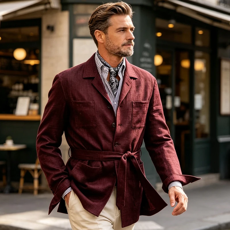 Men's Linen Belted Blazer Notch Lapel Slim Fit Summer Breathable Lightweight Suit Coat Business Casual Outfit for Wedding Beach