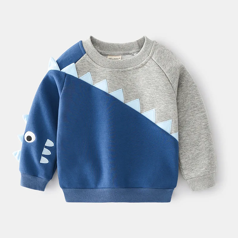 Blue-Grey Contrast Color Boys' Fleece O-neck Sweatshirt, Casual cartoon Long Sleeve Kids Cotton Blend Pullover Ages 3-8 Optional