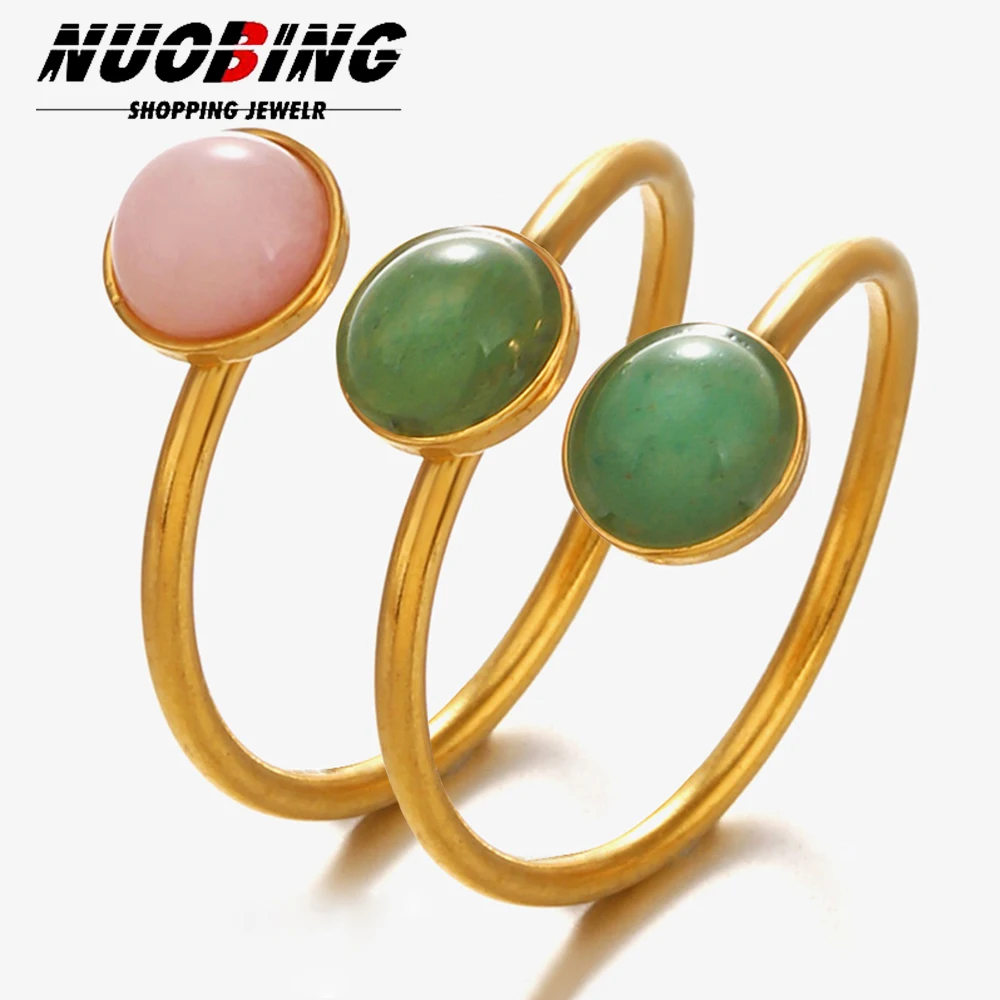 

Delicate Round Zirconia Stainless Steel Inlaid Natural Opal Stone Rings For Women Wedding Open Finger Ring Fashion Jewelry Gift