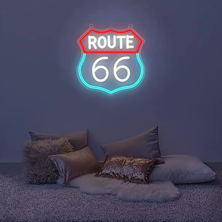 Route 66 Neon Sign Wall Decor American Highway Main Street of America Mother Road LED Night Light for Room Decor Kids Boys Gift