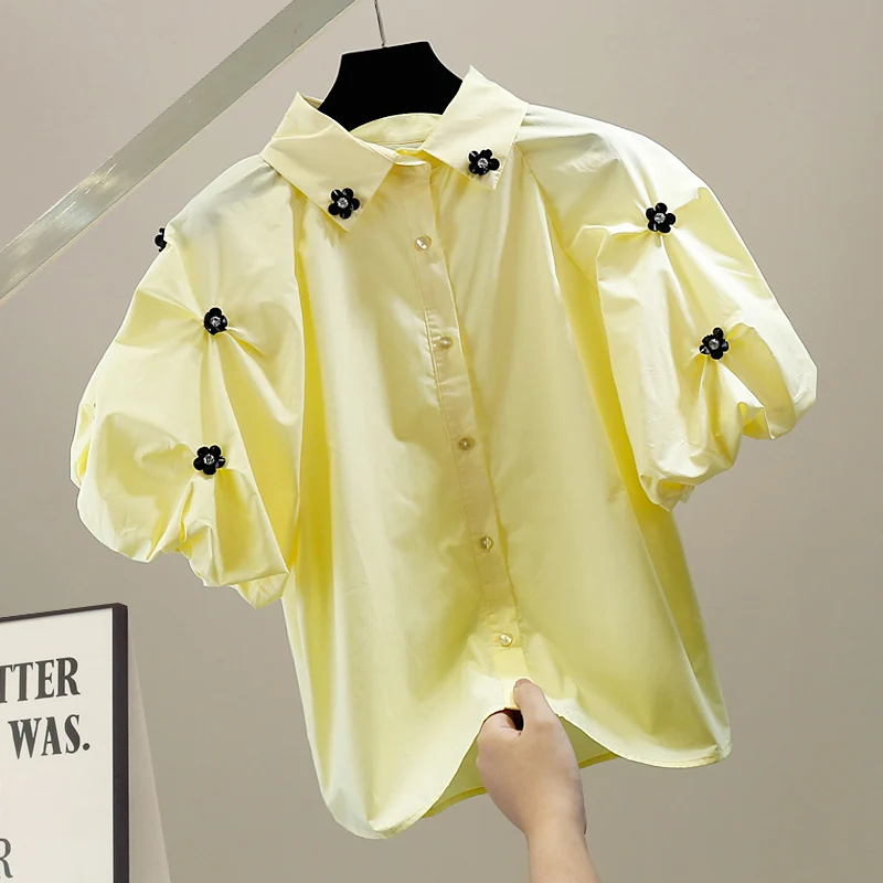 

Heavy Embellied Sweet Bubble Sve ort Sve irt Casual Sle Korean Version Collar Button Closure Loose Fit