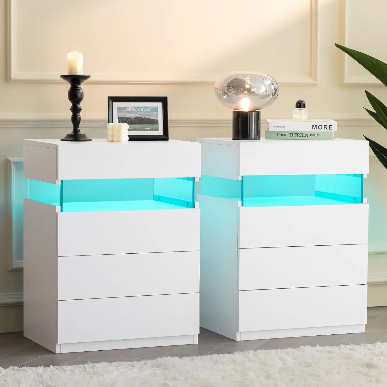 White LED Nightstand Set 2 With 4 Drawers & Storage Shelf, App-Controlled Light Modern Bedside Table For Bedroom, Customized