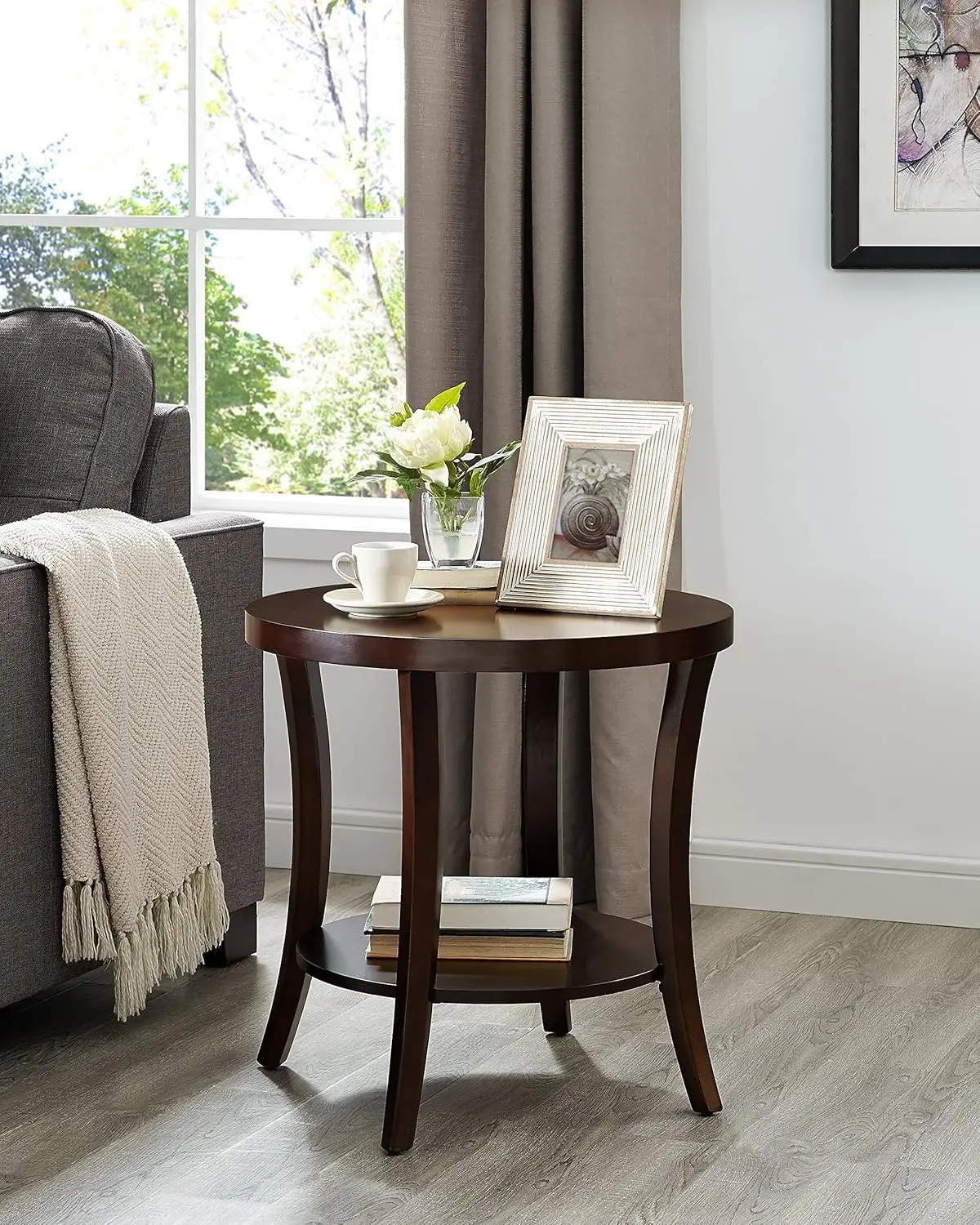 

Perth Contemporary Round End Table with Shelf, Espresso