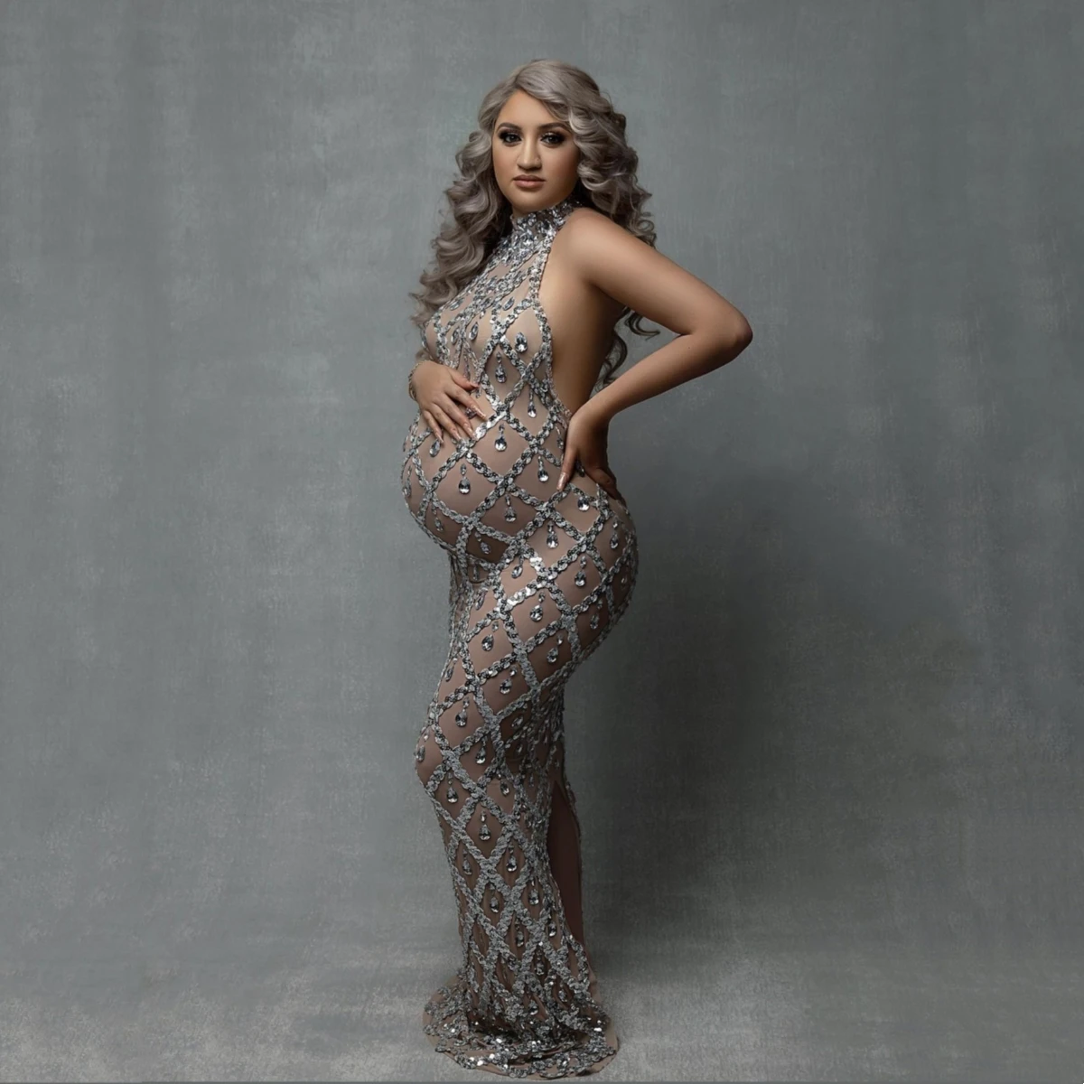 Sexy Shiny Rhinestone Long Dress For Maternity Photography Crystals Stretchy Tulle Maternity Photo Shoot Dress