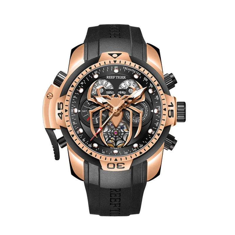Reef Tiger Men Automatic Watch 46mm Mechanical Wristwatch Luminous Sapphire Year Month Week Date Skeleton Spider Dial