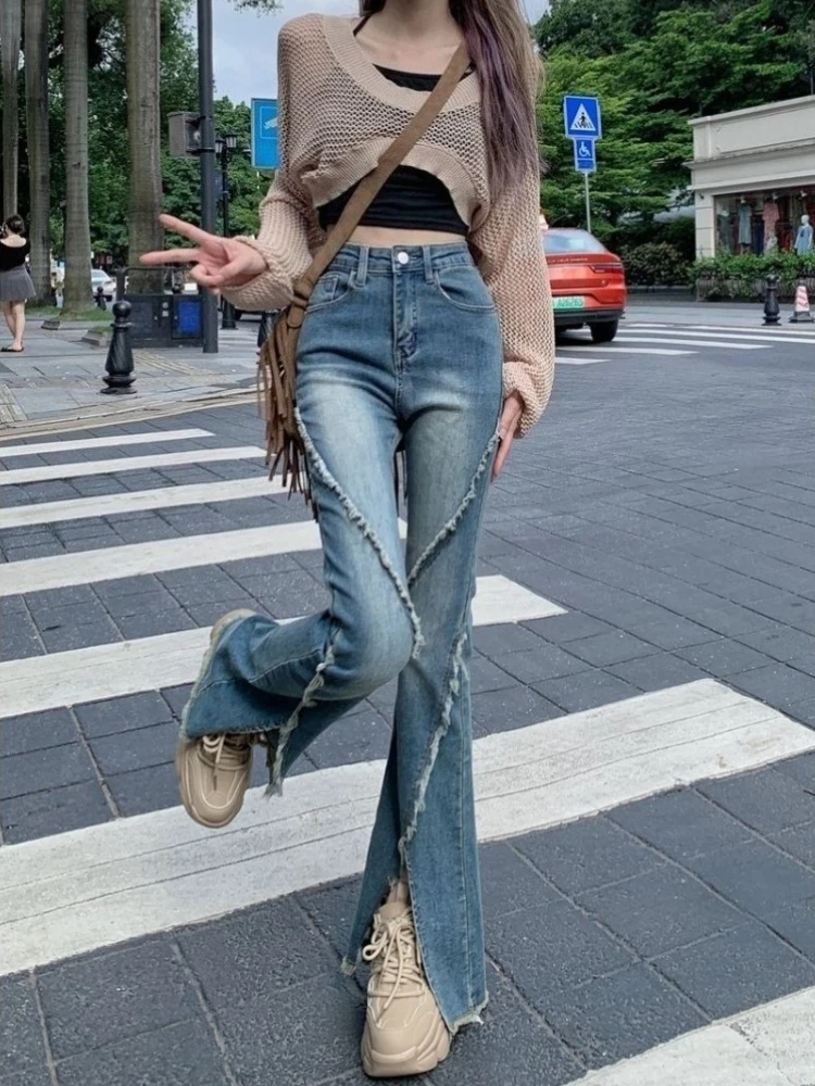 Slimming Vintage American Style Frayed Hem Flared Jeans Women High Waist Side Slit Floor Length Pants Autumn Casual Trousers